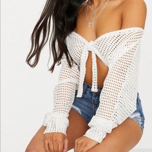 White fishnet Bardot tie front crop top
